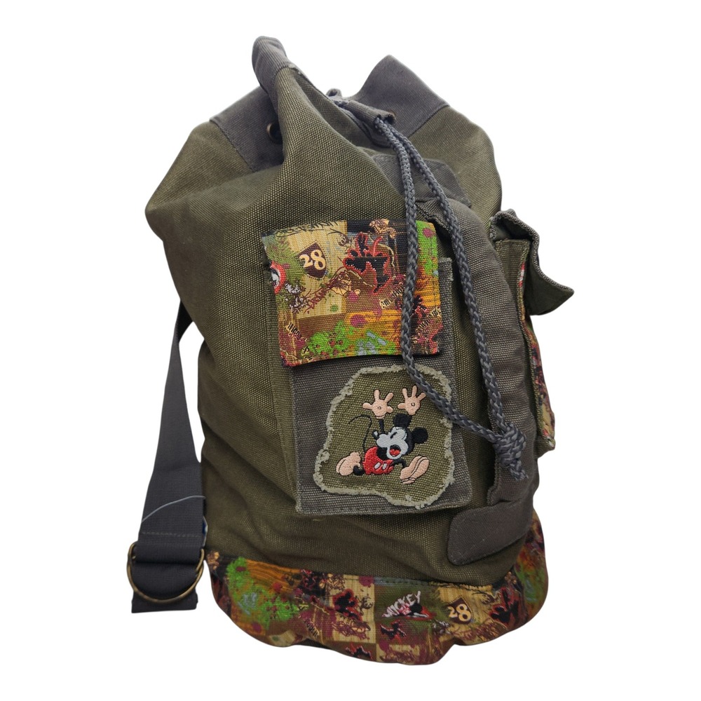 Disney Mickey Mouse Duffle Bag Army Green Canvas Drawstring Utility Rugged